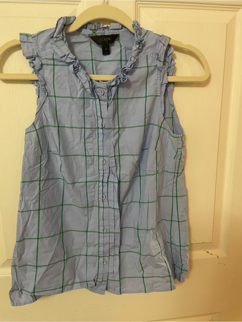 J Crew Sleeveless Ruffle Button-Up in Blue & Green Windowpane